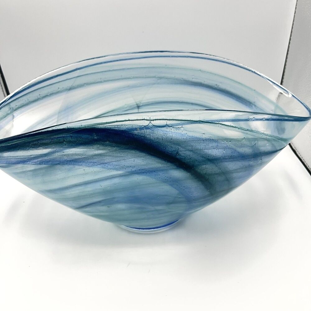 14"x7" Oval Blue Folded Satin Glass Bowl Lines Swirls - Picture 10 of 16